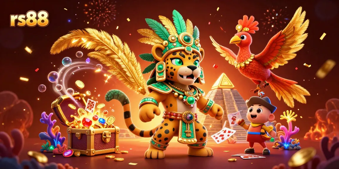 Experience the excitement of rs88 with a vibrant casino-themed illustration featuring Mayan characters and treasures.
