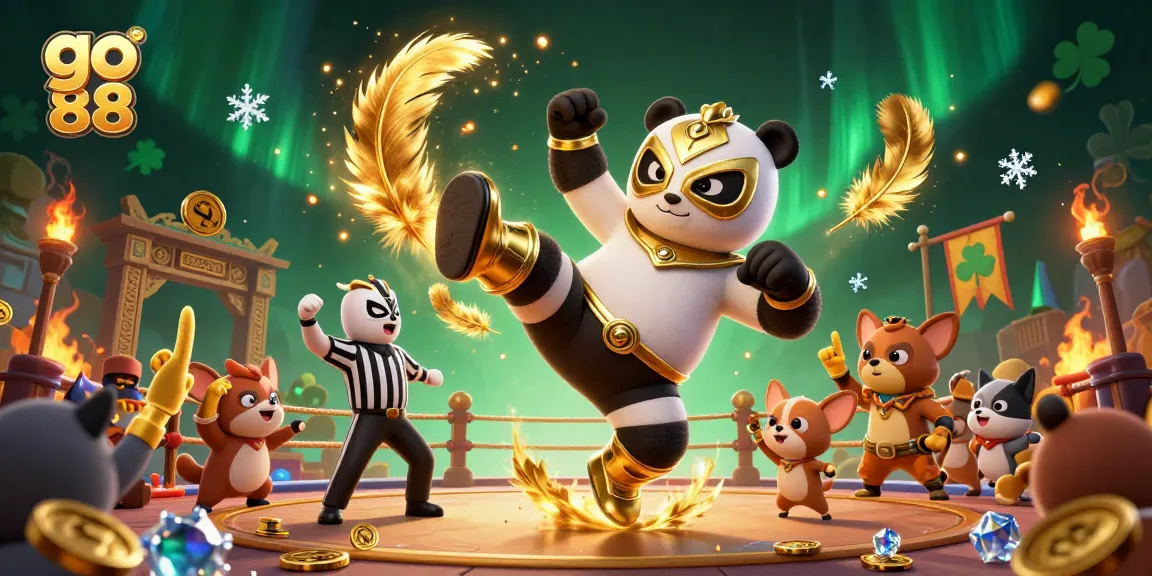 Experience excitement at go 88 with a lively casino scene featuring panda wrestler and animated spectators.